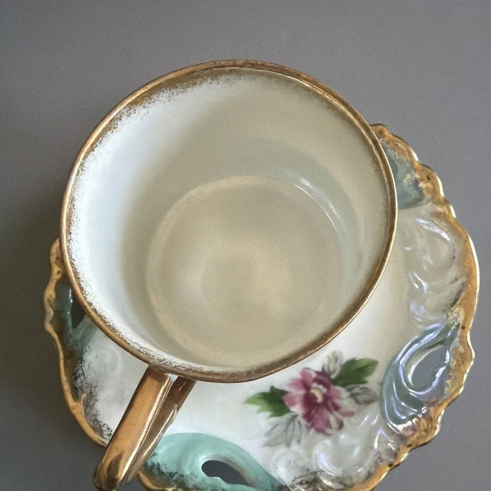 VTG Mid Century Tea Cup Saucer Sterling China Iridescent Floral Gold Tri Footed